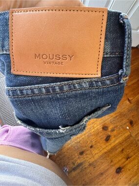 Moussy Vintage Straight Leg Jeans in Dark Blue with Tan Leather Patch